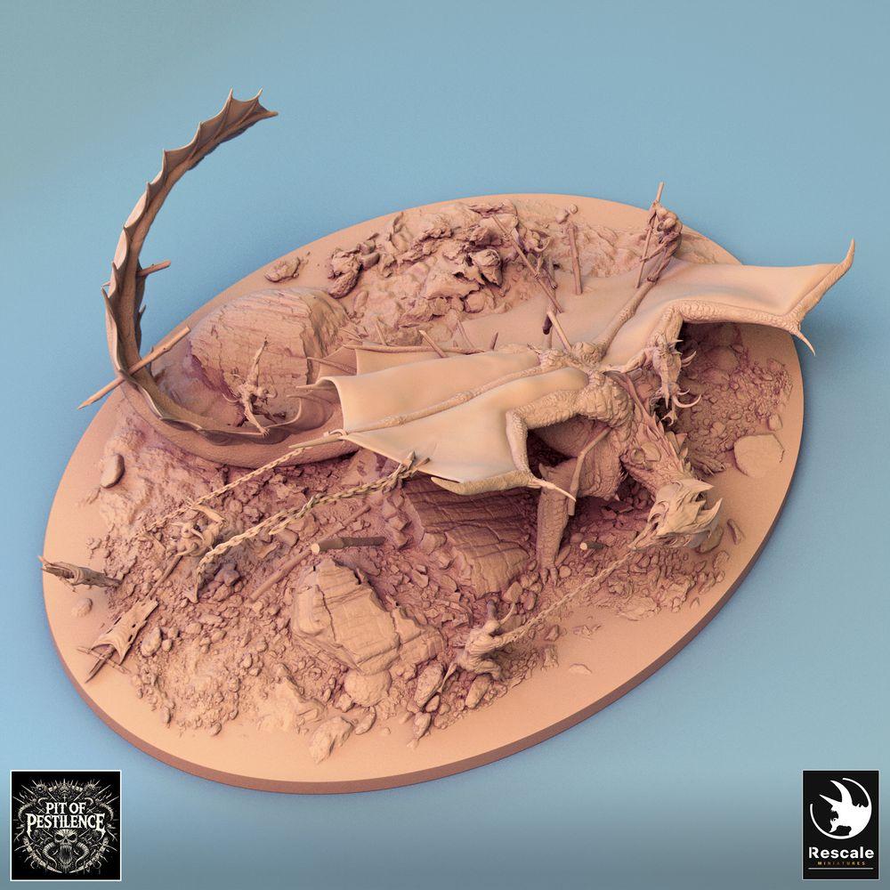 Productfoto Tabletop 28mm Lord of the Print (LotP) 0: Tabletop Miniatuur: Messingdraken Brass Dragon - Grote draak, Wyrm; Draakjager Baas-Encounter als jacht scène met kettingen en speer op diorama-basis (24_08_A1)