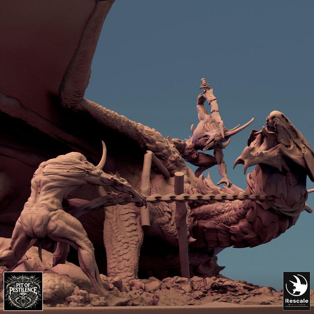 Productfoto Tabletop 28mm Lord of the Print (LotP) 0: Tabletop Miniatuur: Messingdraken Brass Dragon - Grote draak, Wyrm; Draakjager Boss-Encounter als jacht scène met ketens en speer op diorama-basis (24_08_A1)