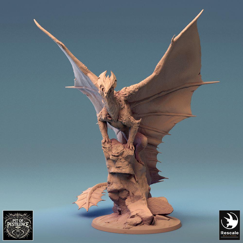 Productfoto Tabletop 28mm Lord of the Print (LotP) 0: Tabletop Miniatuur: Messingdraken Brass Dragon, Grote Draak op Rots met Uitgebreide Vleugels - Bossmonster, Vliegend Wezen, Draakbeest, Diorama-Basis (24_08_A2)