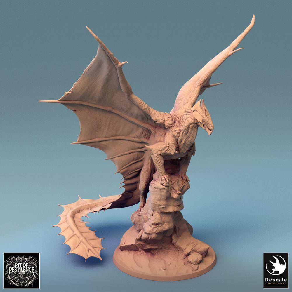 Productfoto Tabletop 28mm Lord of the Print (LotP) 0: Tabletop Miniatuur: Messingdraken Brass Dragon, Grote draak op rots met uitgespreide vleugels - Bossmonster, Vliegend wezen, Draakbeest, Diorama-basis (24_08_A2)