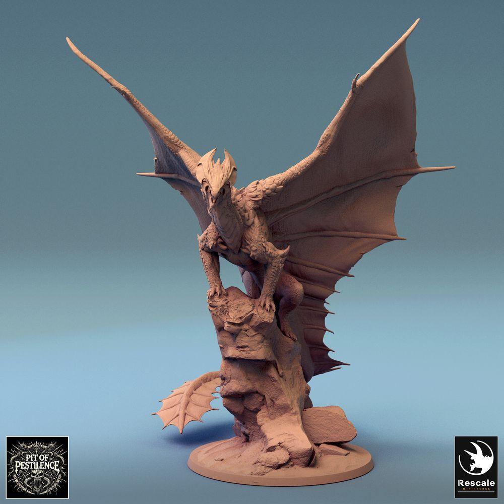 Productfoto Tabletop 28mm Lord of the Print (LotP) 0: Fantasy figuur: Legendarische draak/Dragon op rots-diorama, gevleugeld drakenbeest in spronghouding, wyvern-achtig baas-monster (24_08_J)