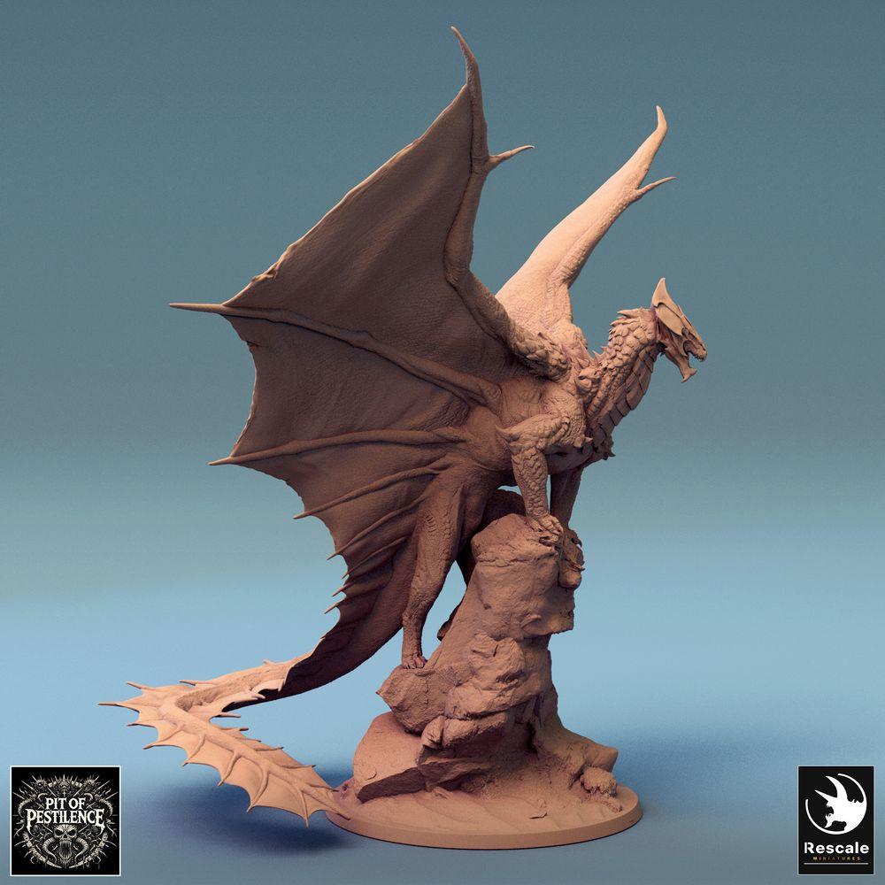 Productfoto Tabletop 28mm Lord of the Print (LotP) 1: Fantasy figuur: Legendarische draak/Dragon op rots-diorama, gevleugeld drakenbeest in springhouding, wyvern-achtig baasmonster (24_08_J)