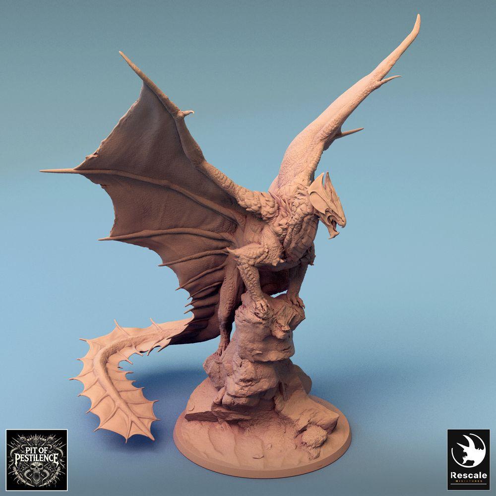 Productfoto Tabletop 28mm Lord of the Print (LotP) 2: Fantasy figuur: Legendarische draak/Dragon op rots-diorama, gevleugeld drakenbeest in springhouding, wyvern-achtig baas-monster (24_08_J)