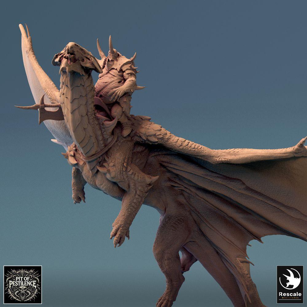 Productfoto Tabletop 28mm Lord of the Print (LotP) 0: Fantasy Miniatuur: Drakenrijder op Wyvern - Messingdraak in Steigvlucht, Chaos-Ridder Baas/Held, Luchtkavallerie voor Wargame/Skirmish (24_08_A3)