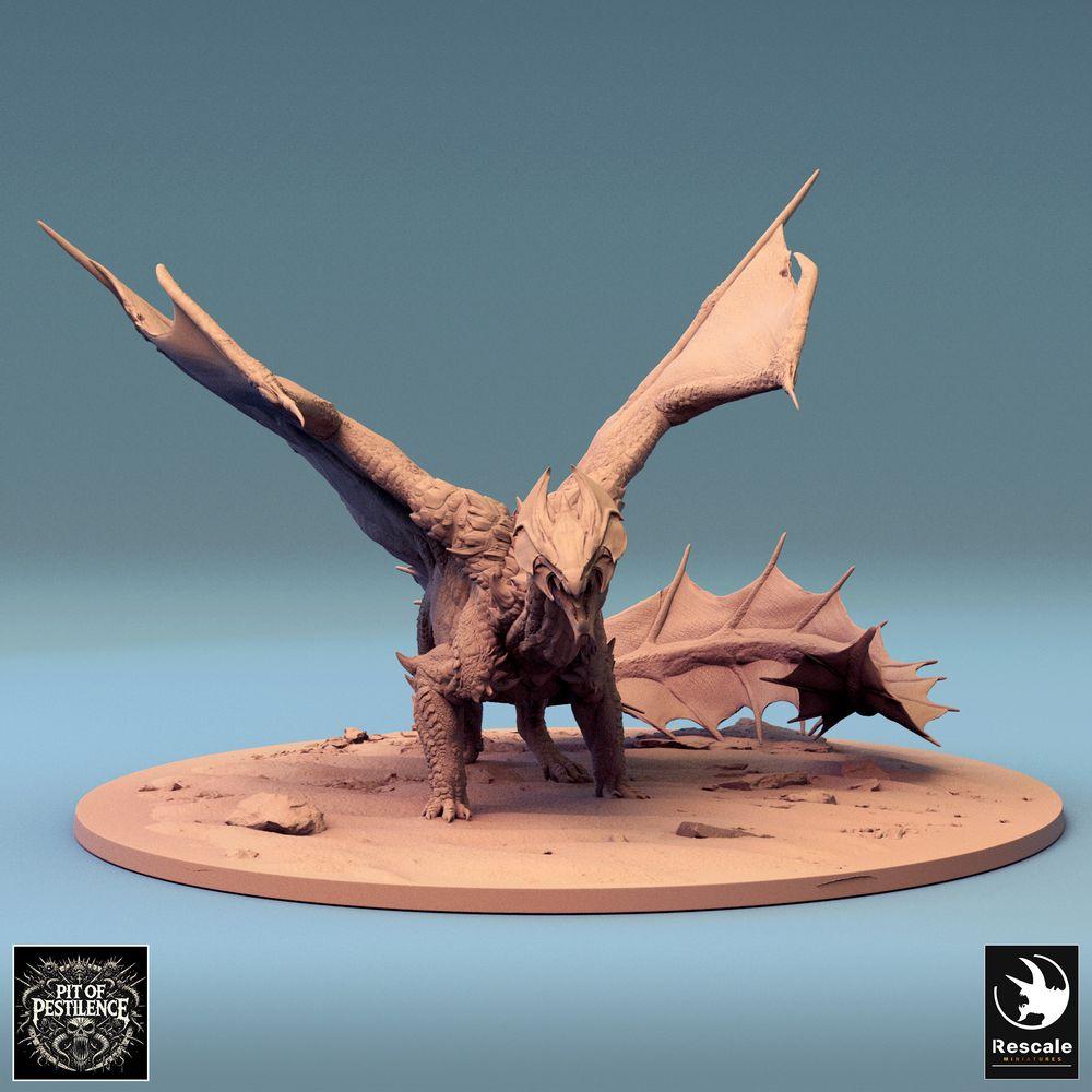 Productfoto Tabletop 28mm Lord of the Print (LotP) 0: Tabletop Miniatuur: Legendarische Draak in geduckte Vechtpositie, Vleugels wijd uitgespreid - Wyvern/Lindwurm Baasmonster, Drakenminiatuur voor Wargaming & Diorama (24_08_H)