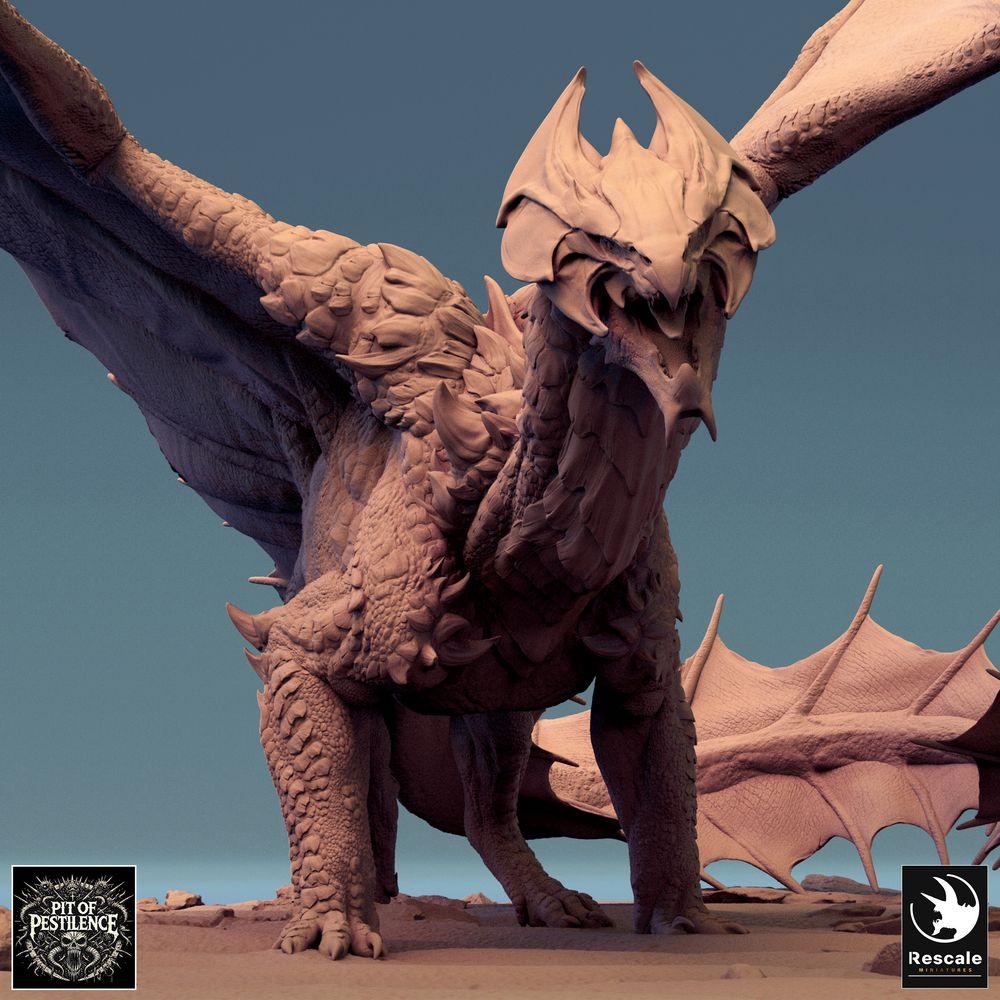 Productfoto Tabletop 28mm Lord of the Print (LotP) 3: Tabletop Miniatuur: Legendarische Draak in gehurkte vechthouding, vleugels wijd uitgespreid - Wyvern/Lindwurm Baasmonster, drakenminiatuur voor Wargaming & Diorama (24_08_H)
