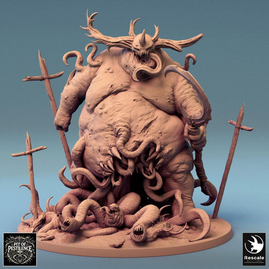 Productfoto Tabletop 28mm Lord of the Print (LotP) 0: Tabletop Miniatuur: Pestdemon, Demonenkoning - corpulente grootmonster en tentakelbeest met henkaxt en trofeeënstok, brullend met hoornenkroon en opengereten buik (24_08_B1)