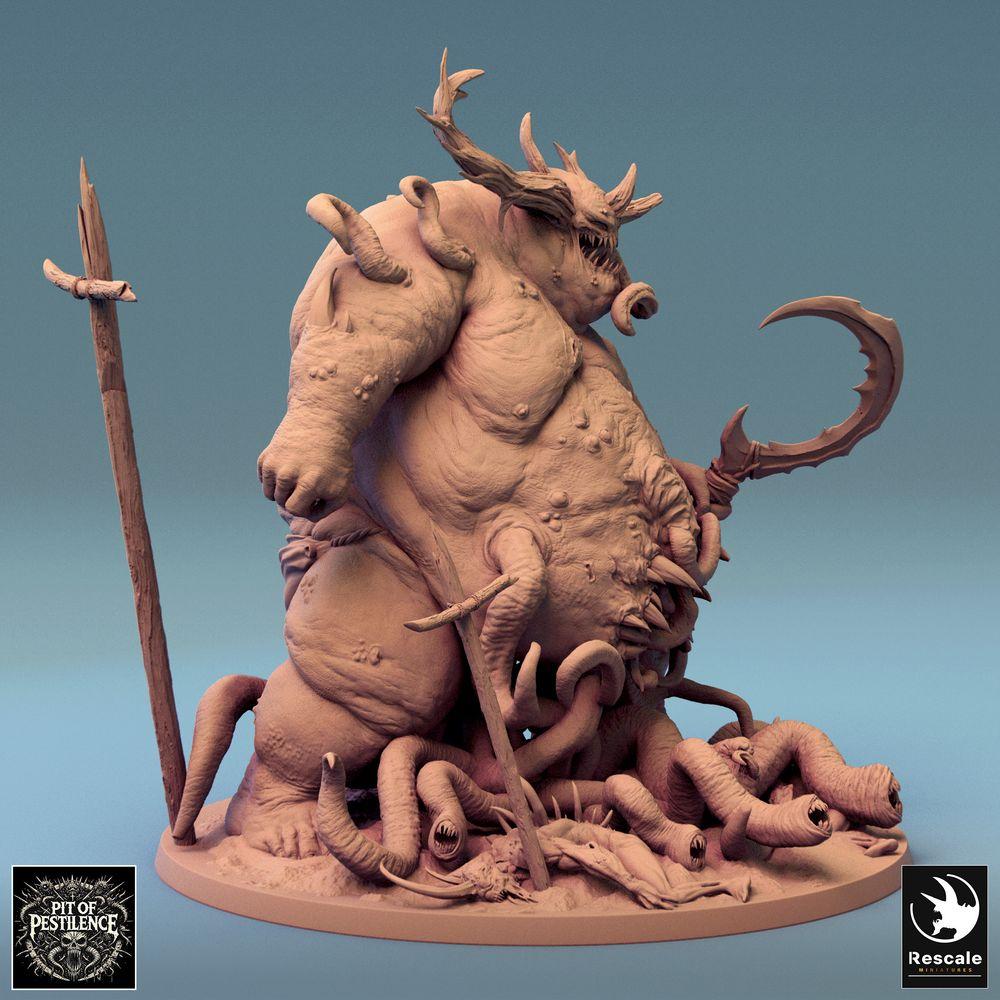 Productfoto Tabletop 28mm Lord of the Print (LotP) 0: Tabletop Miniatuur: Pestdemon, Demonenkoning - corpulent groot monster en tentakelbeest met houwitser en trofee staf, brullend met hoornkroon en opengescheurde buik (24_08_B1)