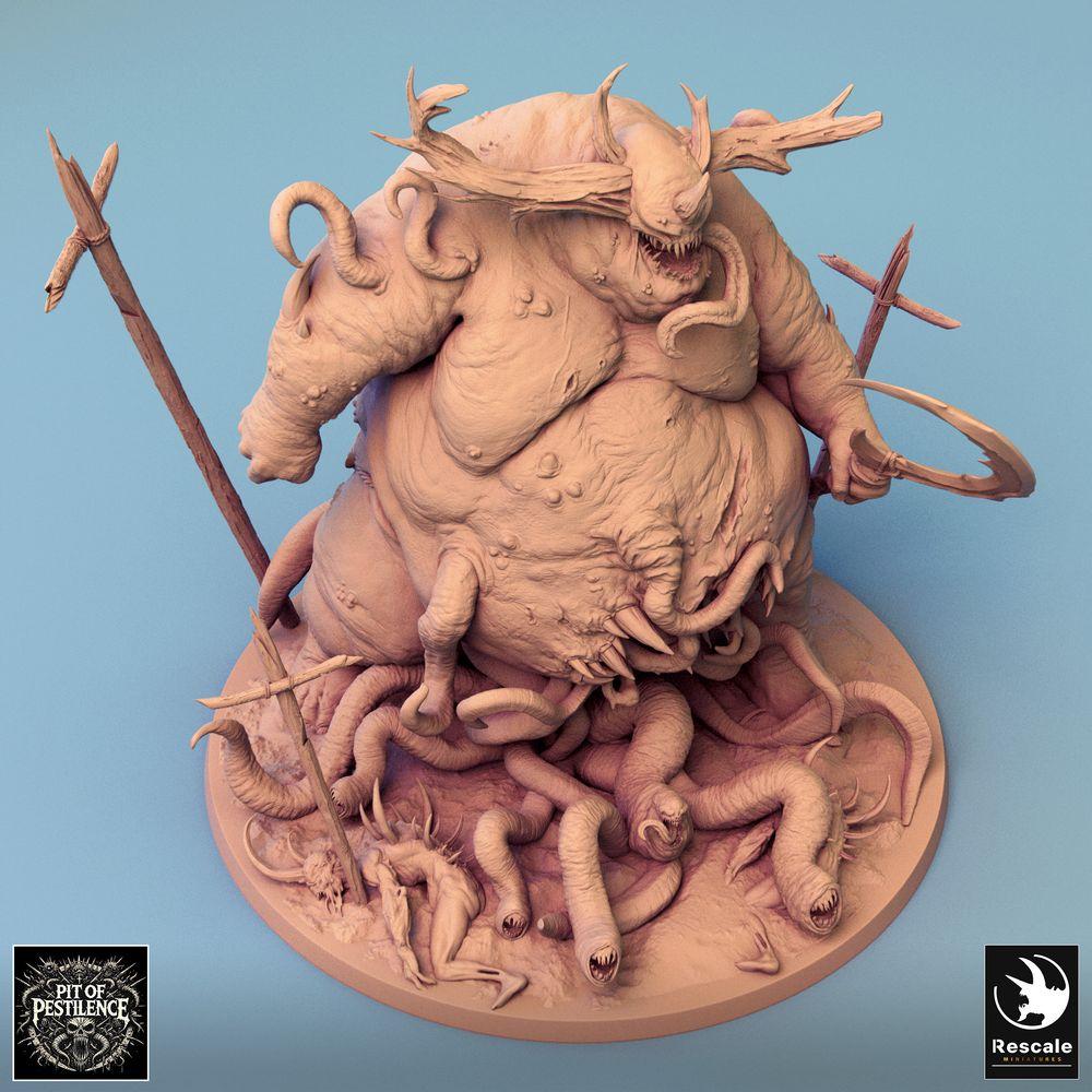 Productfoto Tabletop 28mm Lord of the Print (LotP) 0: Tabletop Miniatuur: Pestdemon, Demonenkoning - corpulente grote monster en tentakelbeest met henkaak en trofee staf, brullend met hoornkroon en opengereten buik (24_08_B1)