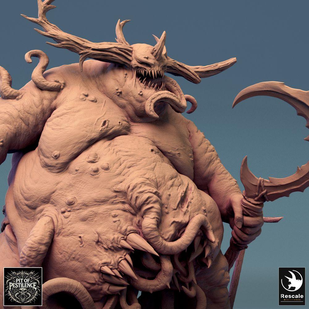 Productfoto Tabletop 28mm Lord of the Print (LotP) 0: Tabletop Miniatuur: Pestdemon, Demonenkoning - corpulent groot monster en tentakelbeest met henkaxt en trofee staf, brullend met hoornkroon en opengereten buik (24_08_B1)