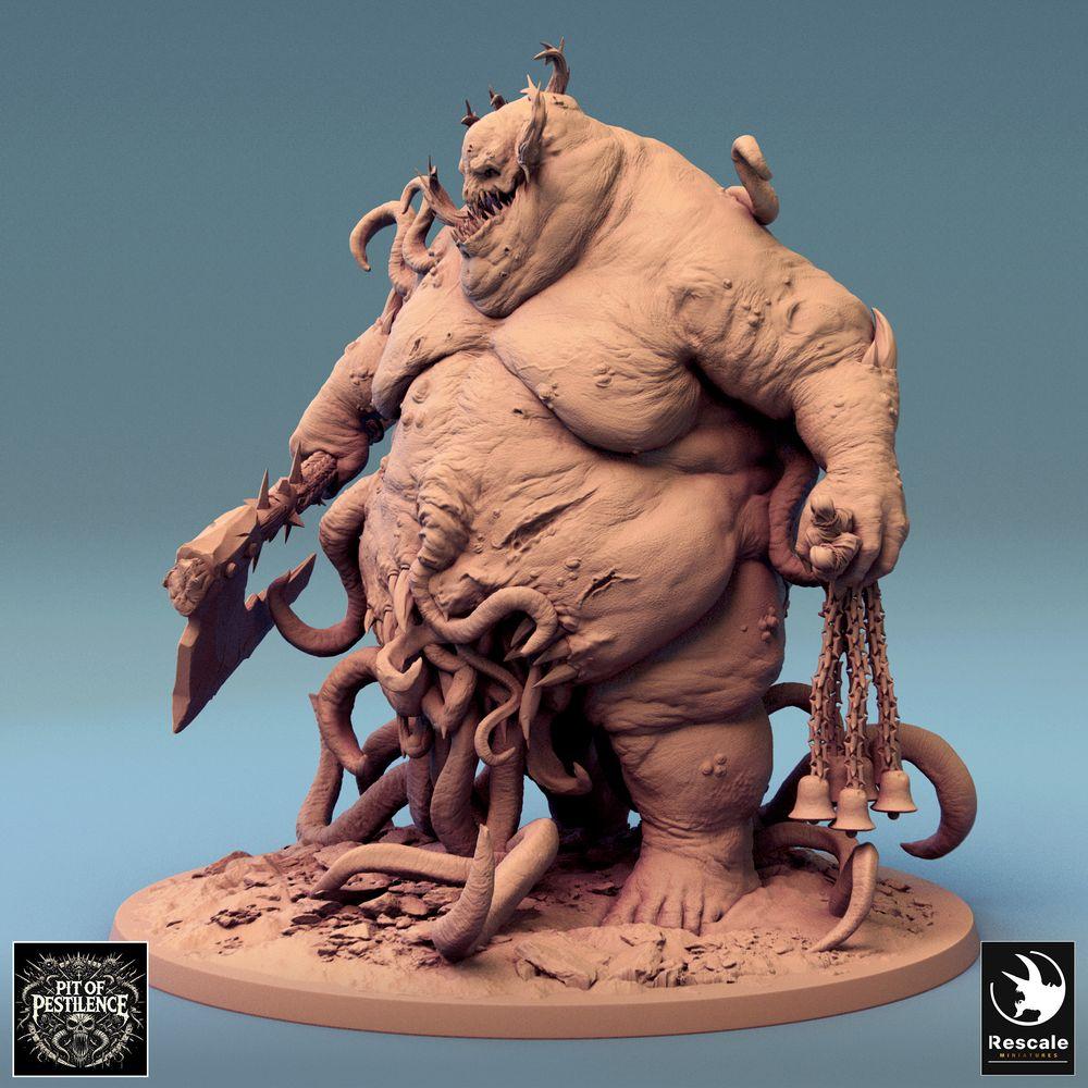 Productfoto Tabletop 28mm Lord of the Print (LotP) 0: Tabletop Miniatuur: Pestdemon / Seuchenfürst, Tentakel-Horror met Spaltaxt en Kettenwaffe, Baasmonster voor Wargaming (24_08_B3)