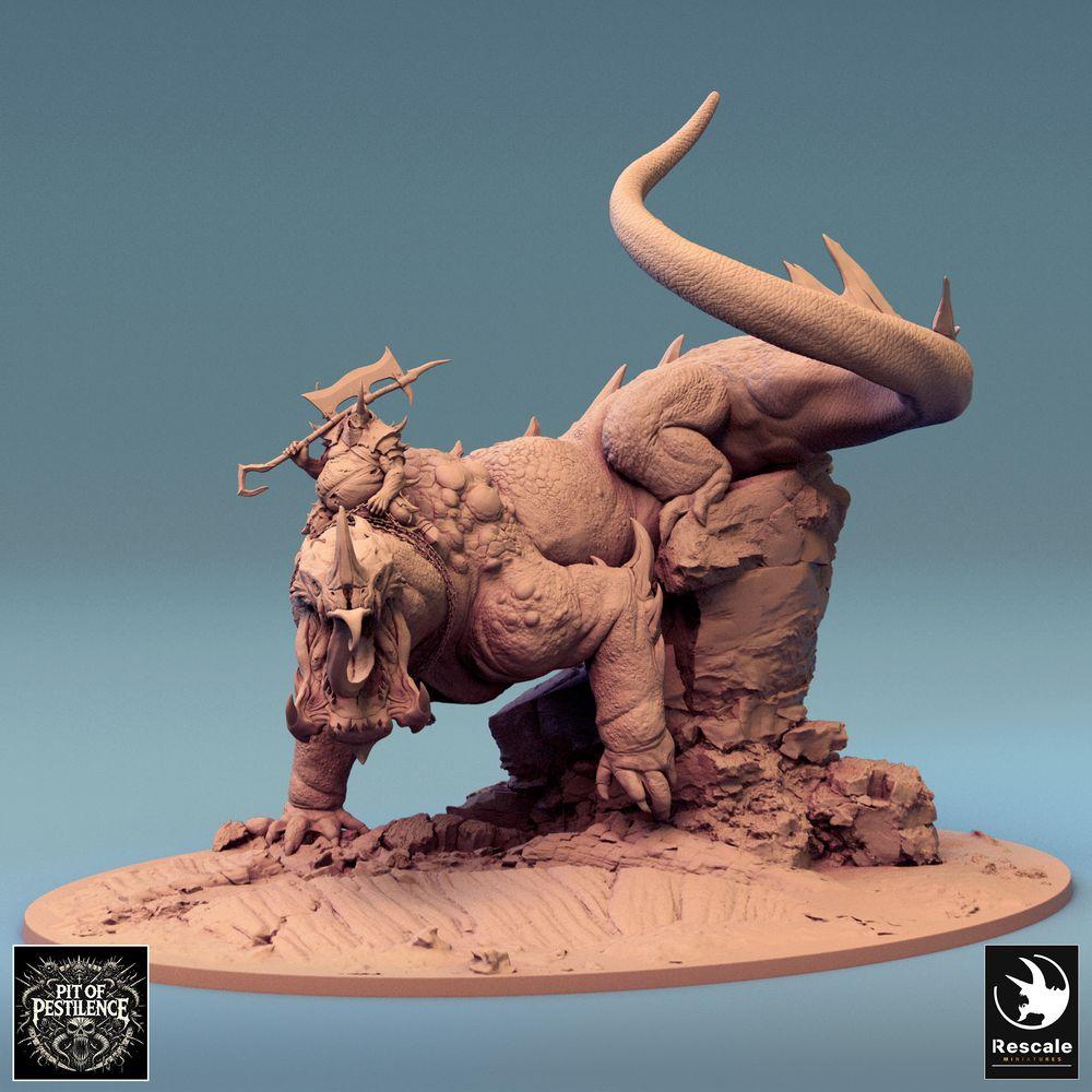 Productfoto Tabletop 28mm Lord of the Print (LotP) 0: Tabletop Miniatuur: Beestenrijder op Hagedisbeest - Barbarenkampioen met Halberd, demonisch rijdier, baasmonster, scenische basis (24_08_C1)