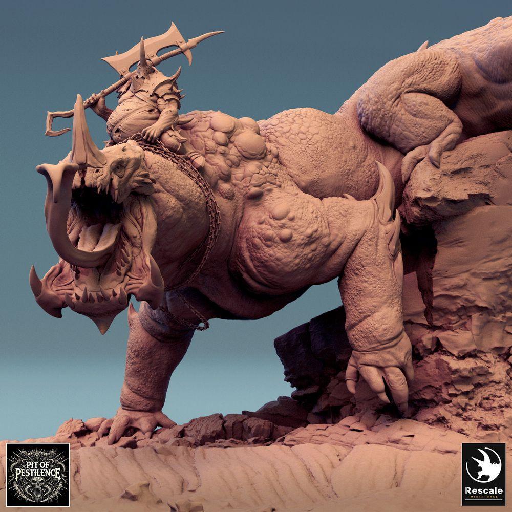 Productfoto Tabletop 28mm Lord of the Print (LotP) 0: Tabletop Miniatuur: Beestenrijder op Hagedisbeest - Barbaren-Kampioen met Halberd, demonisch Rijdier, Baasmonster, scenische Basis (24_08_C1)