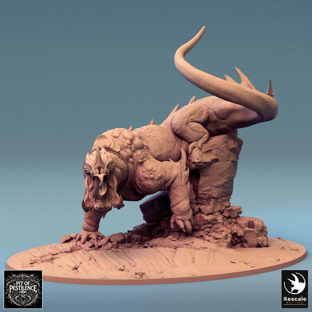 Productfoto Tabletop 28mm Lord of the Print (LotP) 0: Tabletop Miniatuur: Beestenrijder op Hagedisbeest - Barbaren-kampioen met Halberd, demonisch rijdier, baasmonster, scenische basis (24_08_C1)