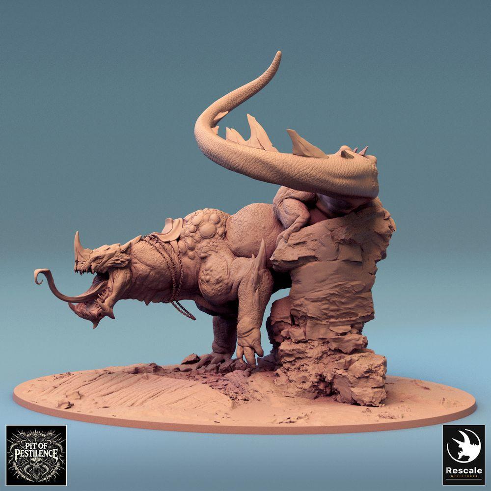 Productfoto Tabletop 28mm Lord of the Print (LotP) 0: Tabletop Miniatuur: Beestenrijder op Hagedisbeest - Barbaren-Kampioen met Halberd, demonisch Rijdier, Baasmonster, scenische Basis (24_08_C1)