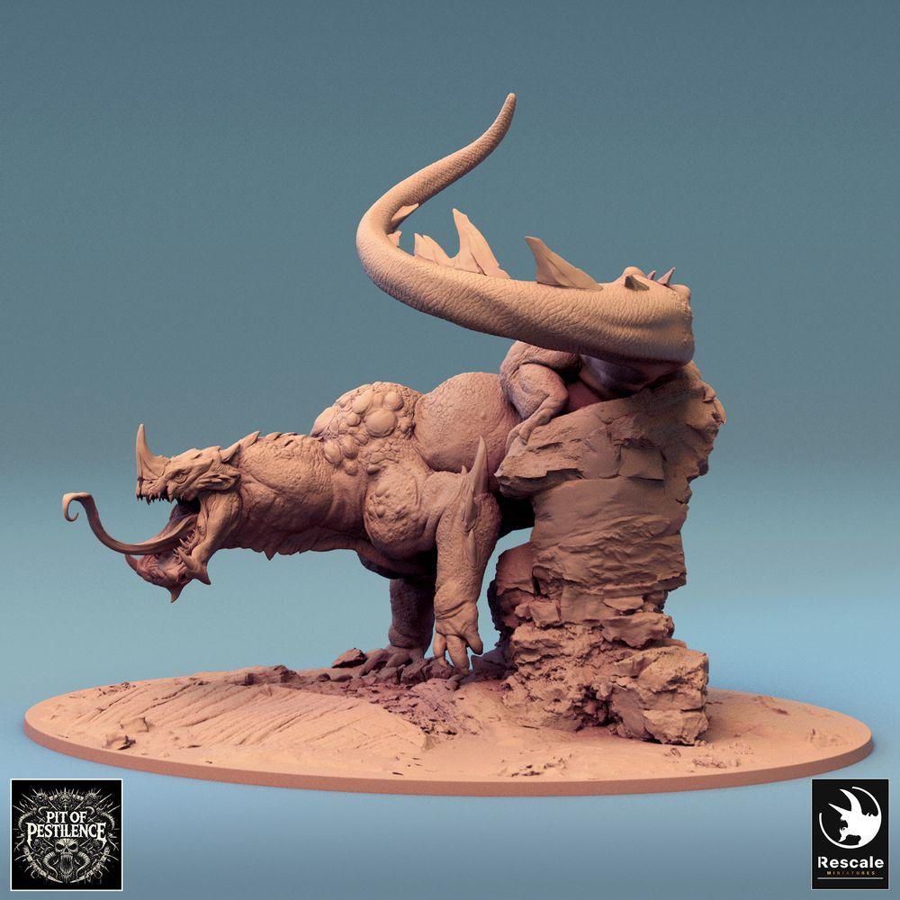 Productfoto Tabletop 28mm Lord of the Print (LotP) 0: Tabletop Miniatuur: Beestenrijder op Hagedisbeest - Barbaren-Kampioen met Halberd, demonisch Rijdier, Baasmonster, scenische Basis (24_08_C1)