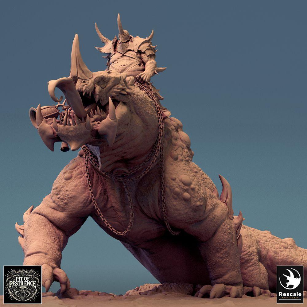 Productfoto Tabletop 28mm Lord of the Print (LotP) 0: Tabletop Miniatuur: Barbarenruiter op Sumpfdier - Reptielenmonster Oorlogsaurier, Warbeest met Speer, Ketting- en Zadelpantser (24_08_C2)