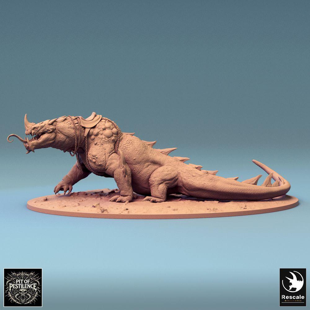 Productfoto Tabletop 28mm Lord of the Print (LotP) 0: Tabletop Miniatuur: Barbarenruiter op Moerasbeest - Reptielenmonster Oorlogsaurier, Warbeest met Speer, Ketting- en Zadelpantser (24_08_C2)