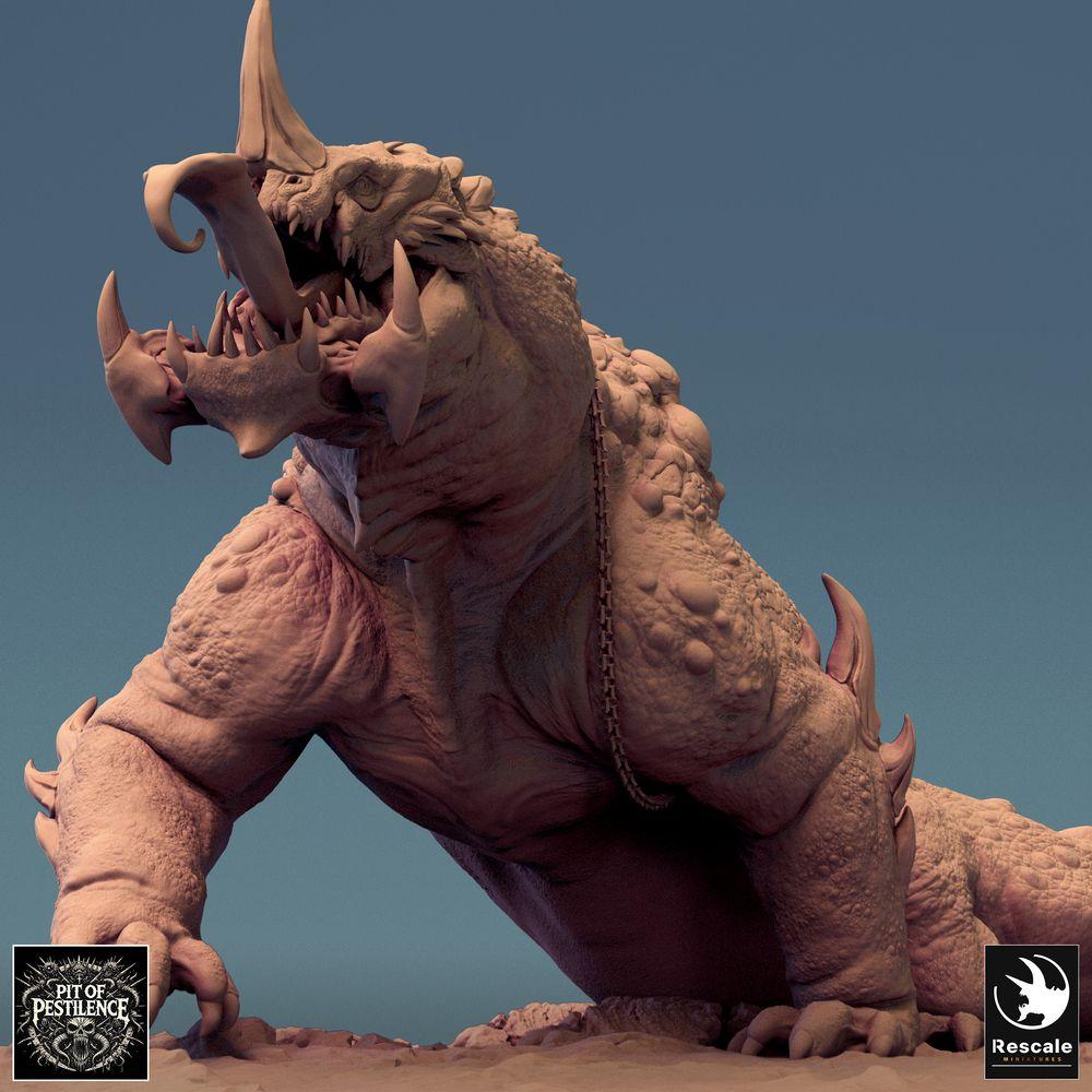 Productfoto Tabletop 28mm Lord of the Print (LotP) 0: Tabletop Miniatuur: Barbarenrijder op Sumpfdier - Reptielenmonster Oorlogsaurier, Oorlogsbeest met Speer, Ketting- en Zadelpantser (24_08_C2)