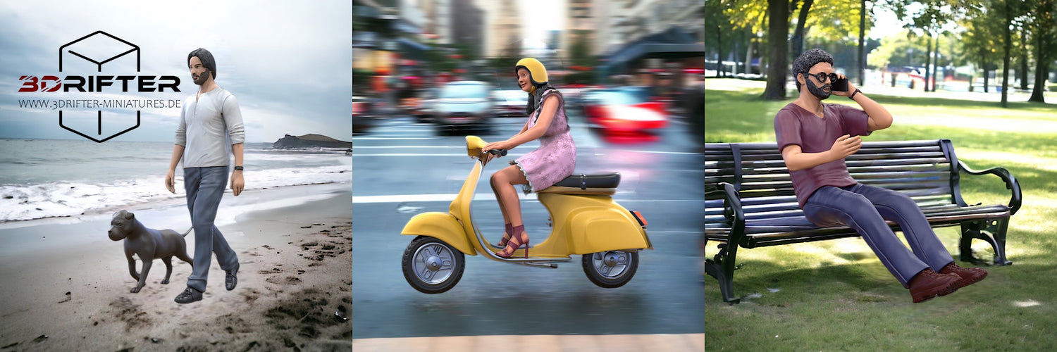 Afbeeldingsbanner Onlinewinkel 3D-geprinte resin miniatuurfiguren: drie figuren in collage. Man met hond, vrouw op Vespa en man op bank.