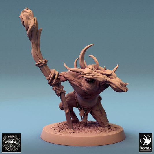 Productfoto Tabletop 28mm Lord of the Print (LotP) 0: Tabletop Miniatuur: Gehoornde Demonenkrijger, Beestenpriester, Mutant-Sjaman met Ritueelstaf, Chaosbrut-Baasmonster (24_08_F2)