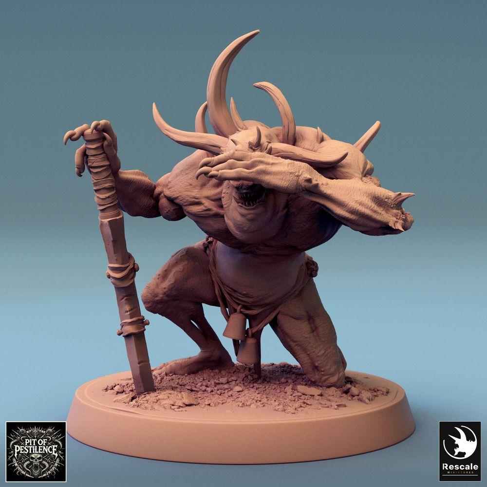 Productfoto Tabletop 28mm Lord of the Print (LotP) 0: Tabletop Miniatuur: Demonische Beest / Pestbringer - Mutant-Oger met Knuppel, Hoorns en Klauwen, brullende Baas tegenstander, Tunnel-Trol (24_08_F3)