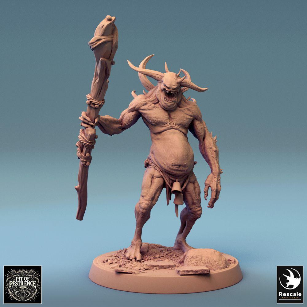 Productfoto Tabletop 28mm Lord of the Print (LotP) 0: Tabletop Miniatuur: Demonische Chaosbeest met Totemstok/Hamer, Oger/Trol Krijger, Beestenheer Baasmonster (24_08_F4)