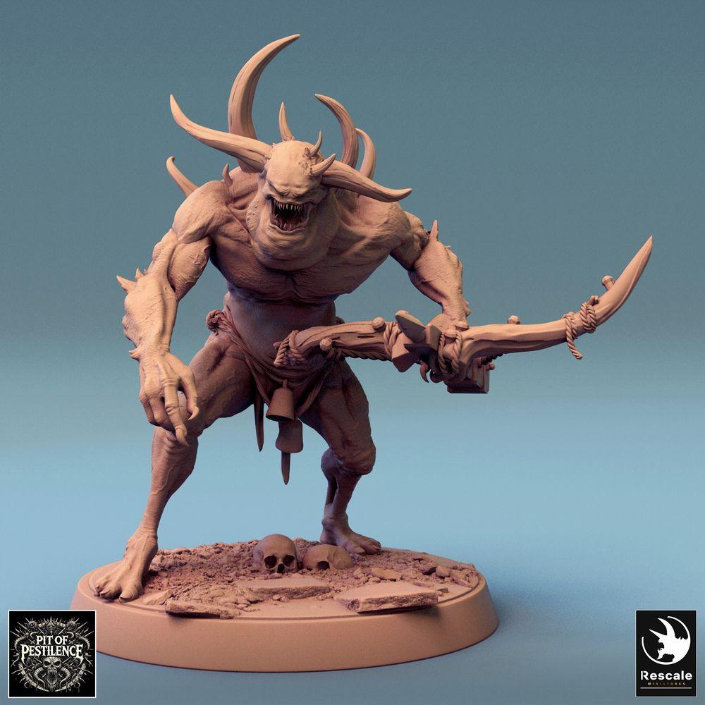 Productfoto Tabletop 28mm Lord of the Print (LotP) 1: Tabletop Miniatuur: Titanendemon, Chaosmonster, Helwezen - Baasmonster met tweehands Glevensichel, Hoorns en Klauwen (24_08_F6)