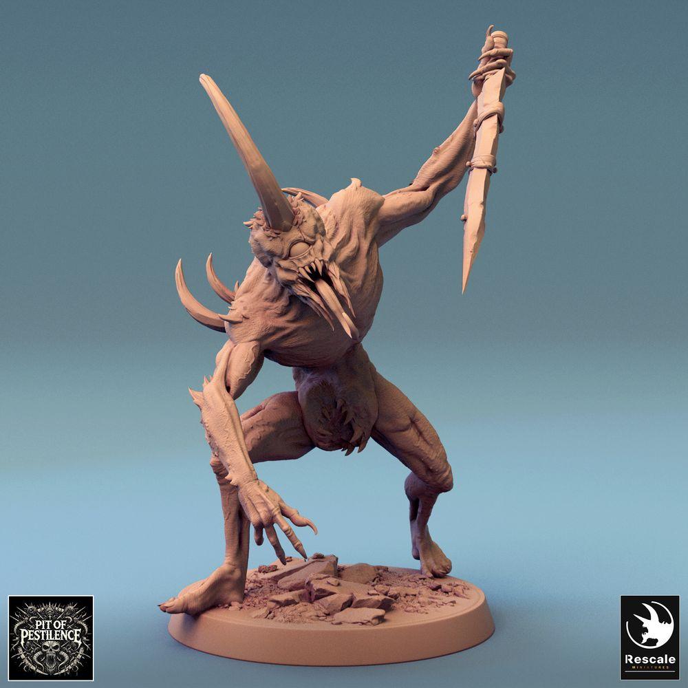 Productfoto Tabletop 28mm Lord of the Print (LotP) 0: Tabletop Miniatuur: Demonenkrijger, Helmonster met gekartelde bottenzwaard - Afgrondcreatuur, Zwaardbeest, Berserker, Baasmonster (24_08_F9)