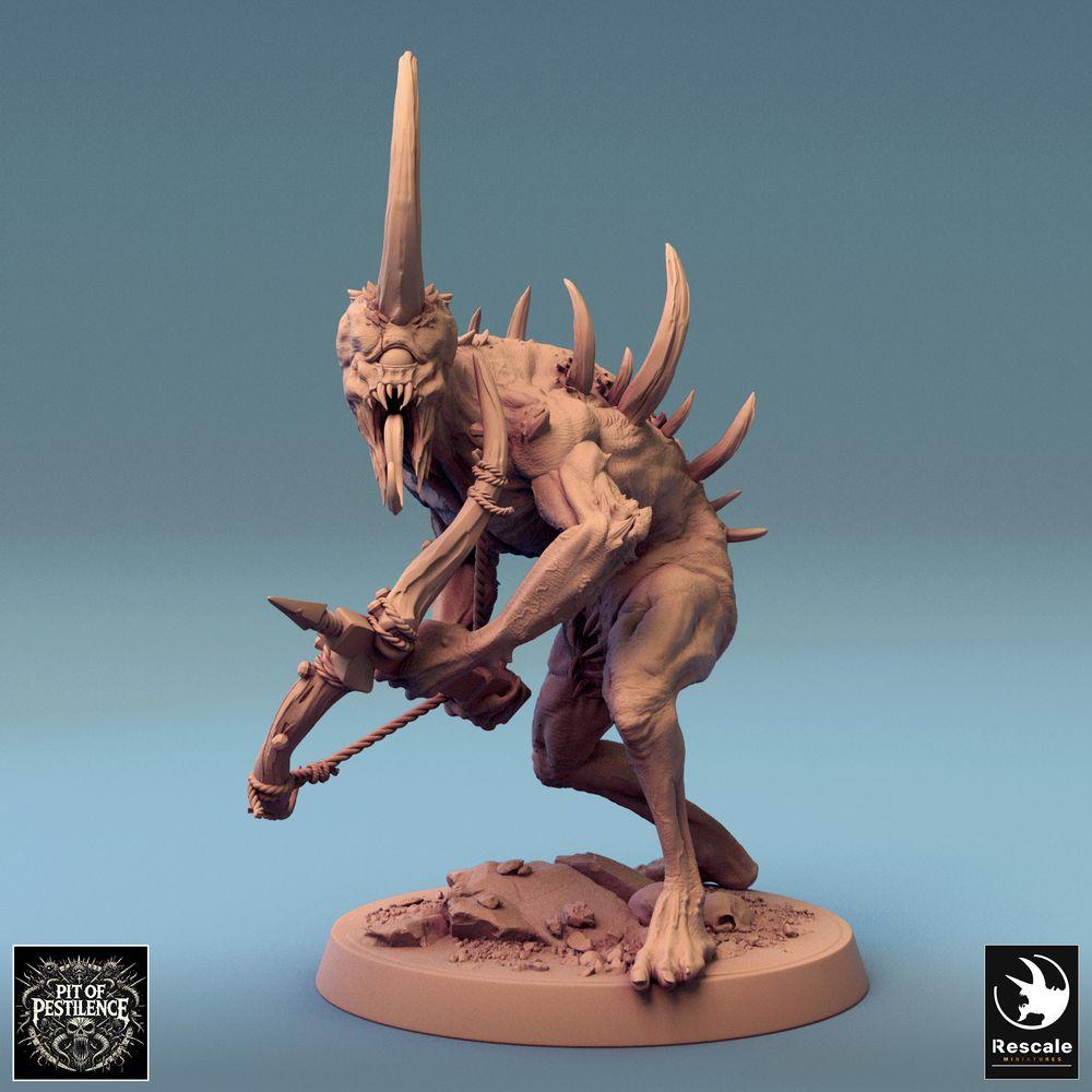 Productfoto Tabletop 28mm Lord of the Print (LotP) 0: Fantasy Figuur: Demonische Helbeest / Monster met Kettingwapen - Stekelmonster met Ramstoot-Hoornt, dynamische Houding, Melee Baas-Monster, Tabletop Miniatuur voor Skirmish en Wargaming (24_08_F10)
