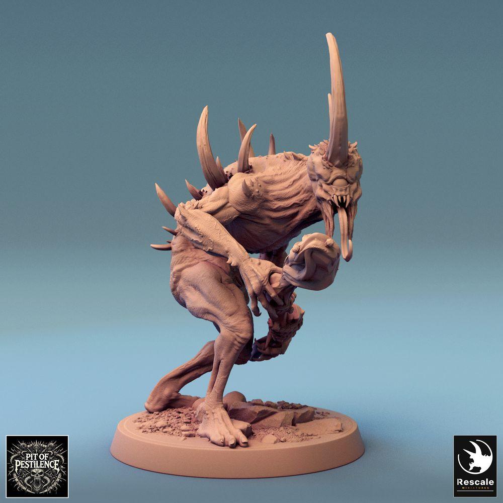 Productfoto Tabletop 28mm Lord of the Print (LotP) 1: Tabletop Miniatuur: Stekel demon, hoorn dragend beest monster met botten knuppel in de aanval (24_08_F11)