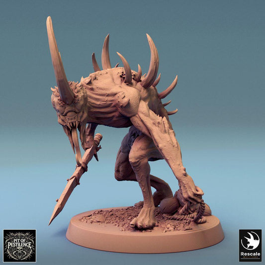 Productfoto Tabletop 28mm Lord of the Print (LotP) 0: Tabletop Miniatuur: Rotte Demon Dienaar met Zwaard, Helwezen, Stekelbeest, Lauerende Beestenstrijder met Trofee (24_08_F13)