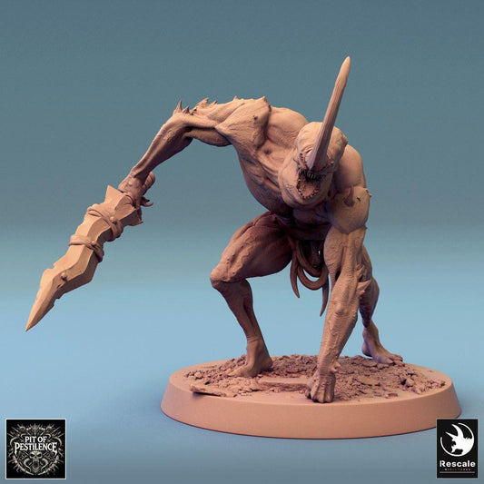 Productfoto Tabletop 28mm Lord of the Print (LotP) 0: Tabletop Miniatuur: Demonenkrijger, Hoorn Demon, Ongemanierd, Afgrondschrik - Klingenbeest met gekartelde kling, brullend in de aanval (24_08_F15)