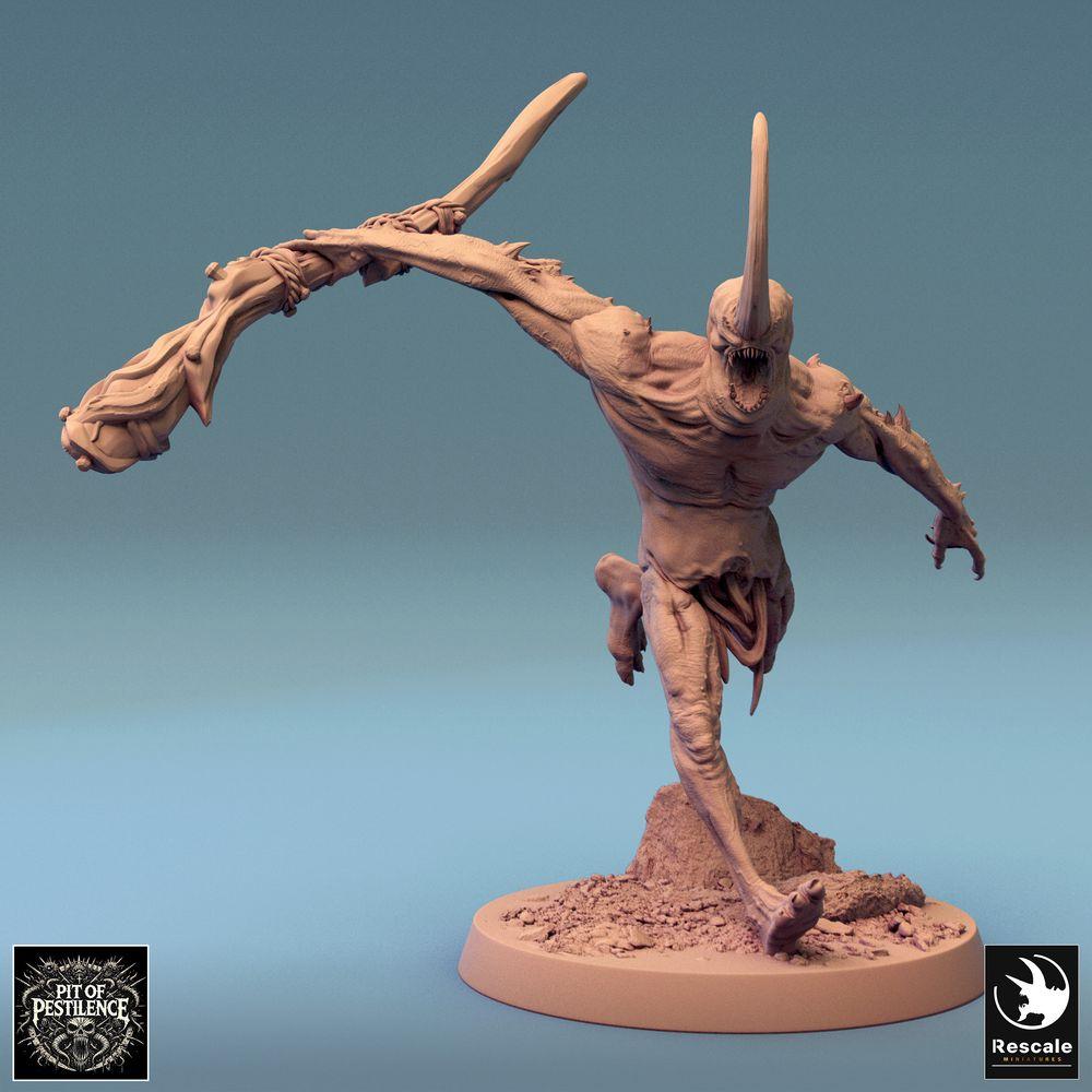 Productfoto Tabletop 28mm Lord of the Print (LotP) 0: Tabletop Miniatuur: Demonische Chaosbrut in de aanval met bottenknuppel - Mutantenbeest, Ghoul-kampioen, Baas-monster (24_08_F16)