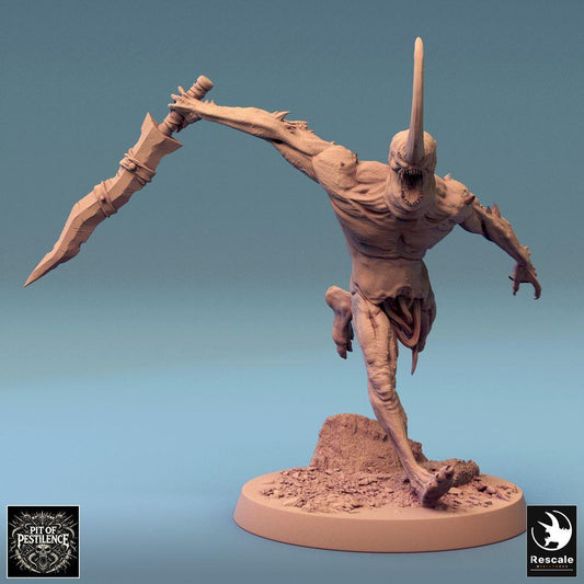 Productfoto Tabletop 28mm Lord of the Print (LotP) 0: Tabletop Miniatuur: Demonische Slachter, Mutantencreatuur uit de afgrond met gekarteld zwaard in spronaanval, Melee-Baas (24_08_F17)