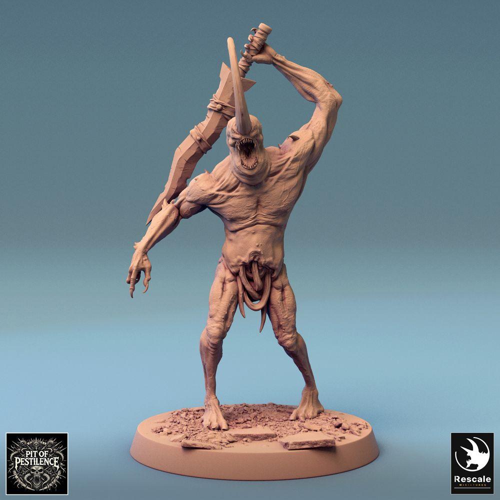 Productfoto Tabletop 28mm Lord of the Print (LotP) 0: Tabletop Miniatuur: Horndemon Demonenkind - Mutanten-Berserker met tweehandige, gekartelde grootzwaard, eindbaas in close combat (24_08_F19)