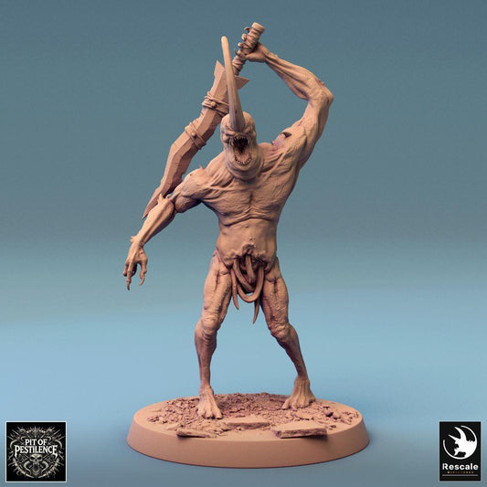 Productfoto Tabletop 28mm Lord of the Print (LotP) 0: Tabletop Miniatuur: Horndemon Demonenkind - Mutanten-Berserker met tweehandige, gekartelde grootzwaard, eindbaas in close combat (24_08_F19)