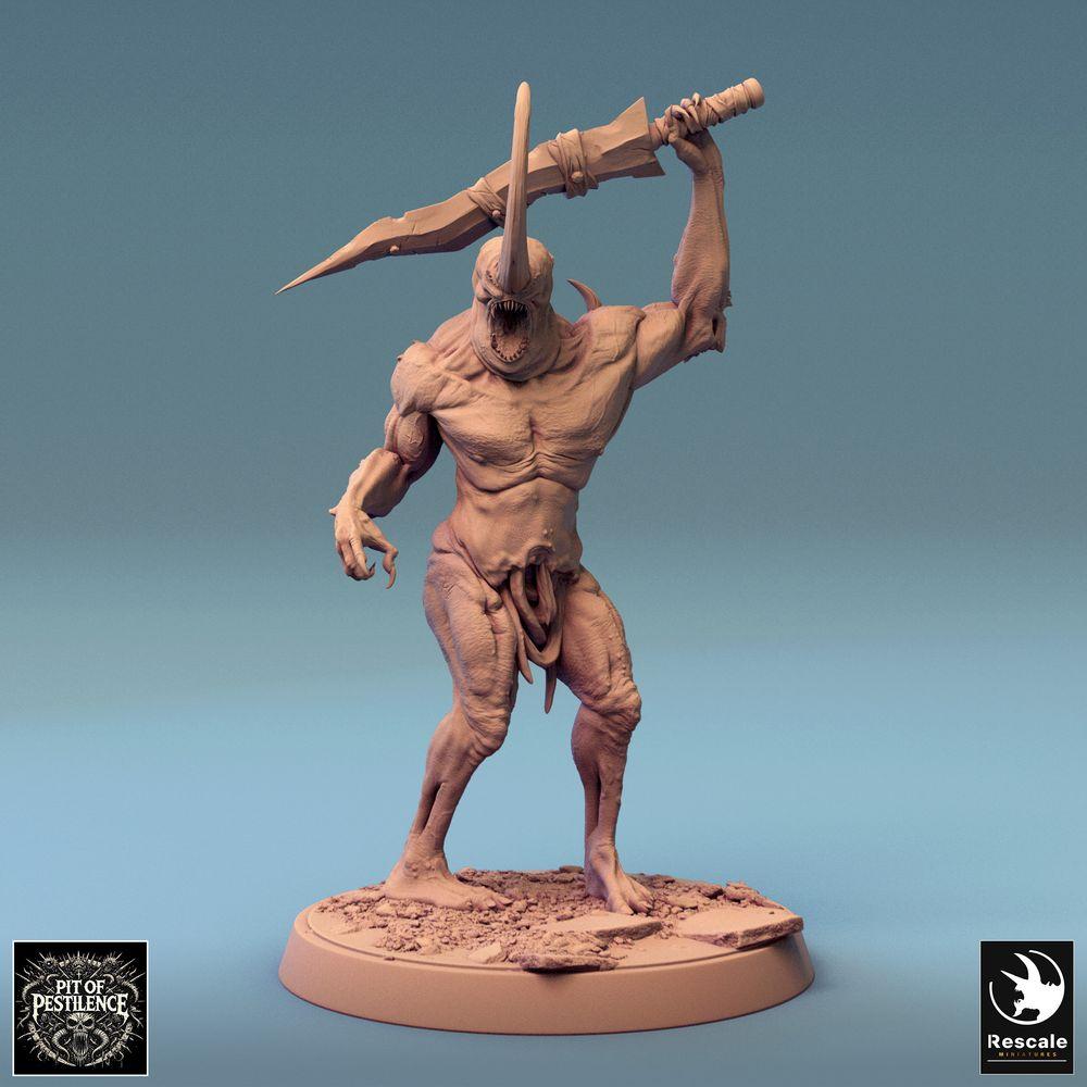 Productfoto Tabletop 28mm Lord of the Print (LotP) 0: Tabletop Miniatuur: Demonische Berserker, Ogerdemon, Afgrondschepsel met gekarteld groot zwaard, Beestenstrijders-slechter (24_08_F20)