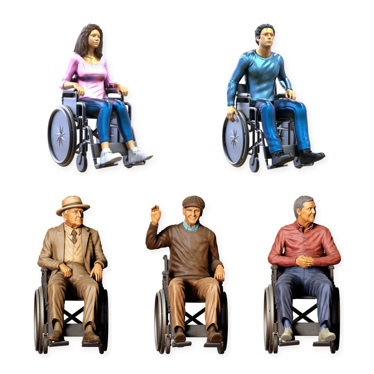 Diorama Figuren-Set: Rollstuhlfahrer im Alltag (Nr. S59) – STL-geprüfte Übersicht aller enthaltenen unbemalten Resinfiguren