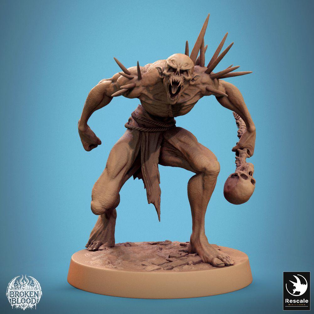 Productfoto Tabletop 28mm Lord of the Print (LotP) 0: Tabletop Miniatuur: Wilde Ghoul Berserker, Stekelghoul met Wervelkolomknuppel en schedel, brullende ondode eindbaas (24_11_B3)