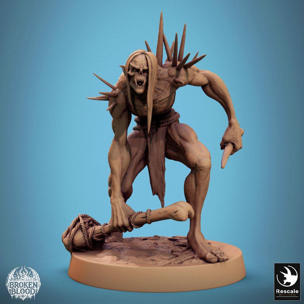 Productfoto Tabletop 28mm Lord of the Print (LotP) 0: Fantasy figuur: Wilde Ghoul-Krijger met Bottenknuppel en Bottendolk - Ondode Mutant, Stekelhorror, Dungeon-Baas (24_11_B21)