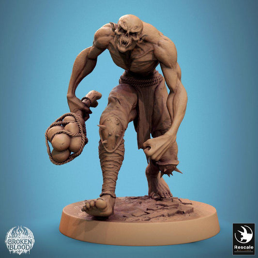 Productfoto Tabletop 28mm Lord of the Print (LotP) 0: Tabletop Miniatuur: Wilder Ghoul-Berserker (Savage Ghoul), ondode kolos met schedel-trofee tas en stekelige klapvuist (24_11_B27)