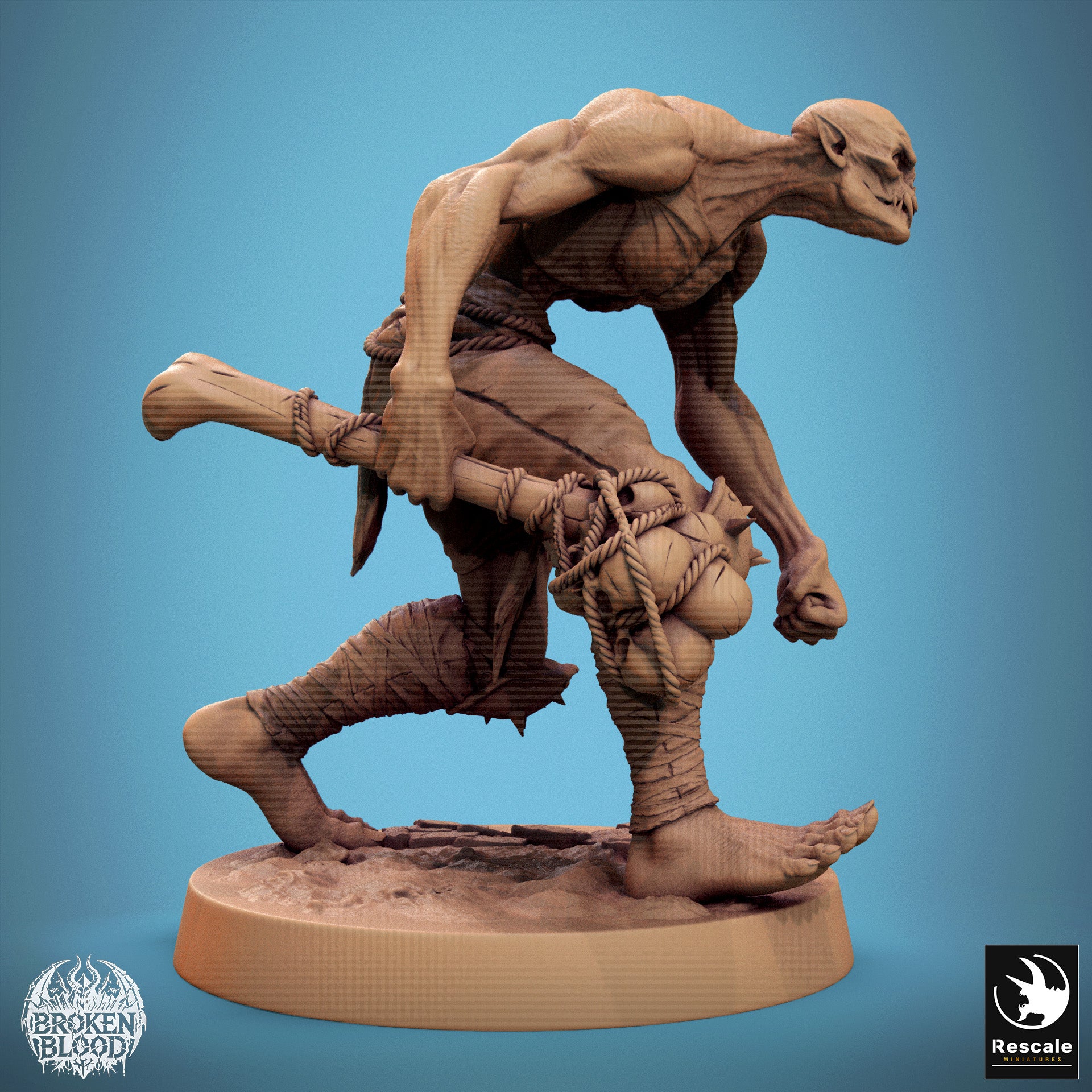 Productfoto Tabletop 28mm Lord of the Print (LotP) 1: Tabletop Miniatuur: Wilder Ghoul-Berserker (Savage Ghoul), ondode kolos met schedel-trofee zak en stekelige klapvuist (24_11_B27)