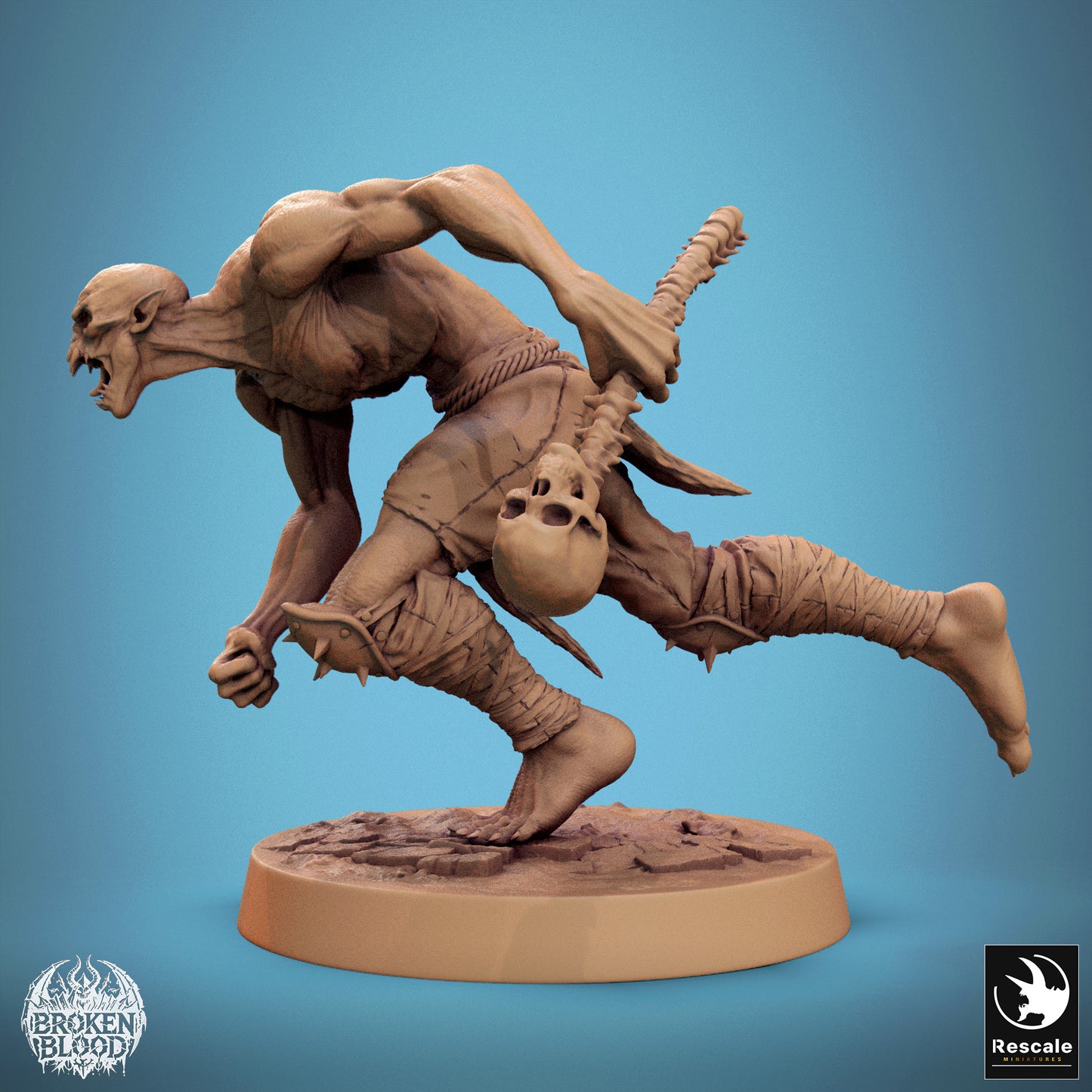 Productfoto Tabletop 28mm Lord of the Print (LotP) 1: Tabletop Miniatuur: Wilde Ghoul-Berserker Savage Ghoul, ondode vechter met schedelknuppel, in stormloop (24_11_B29)