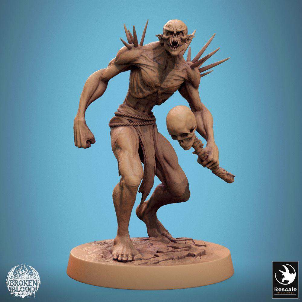 Productfoto Tabletop 28mm Lord of the Print (LotP) 0: Tabletop Miniatuur: Wilde Ghoul-Kampioen, demonisch wezen, baas-monster en close-combat vechter met schedelknuppel en botstekels (24_11_B35)