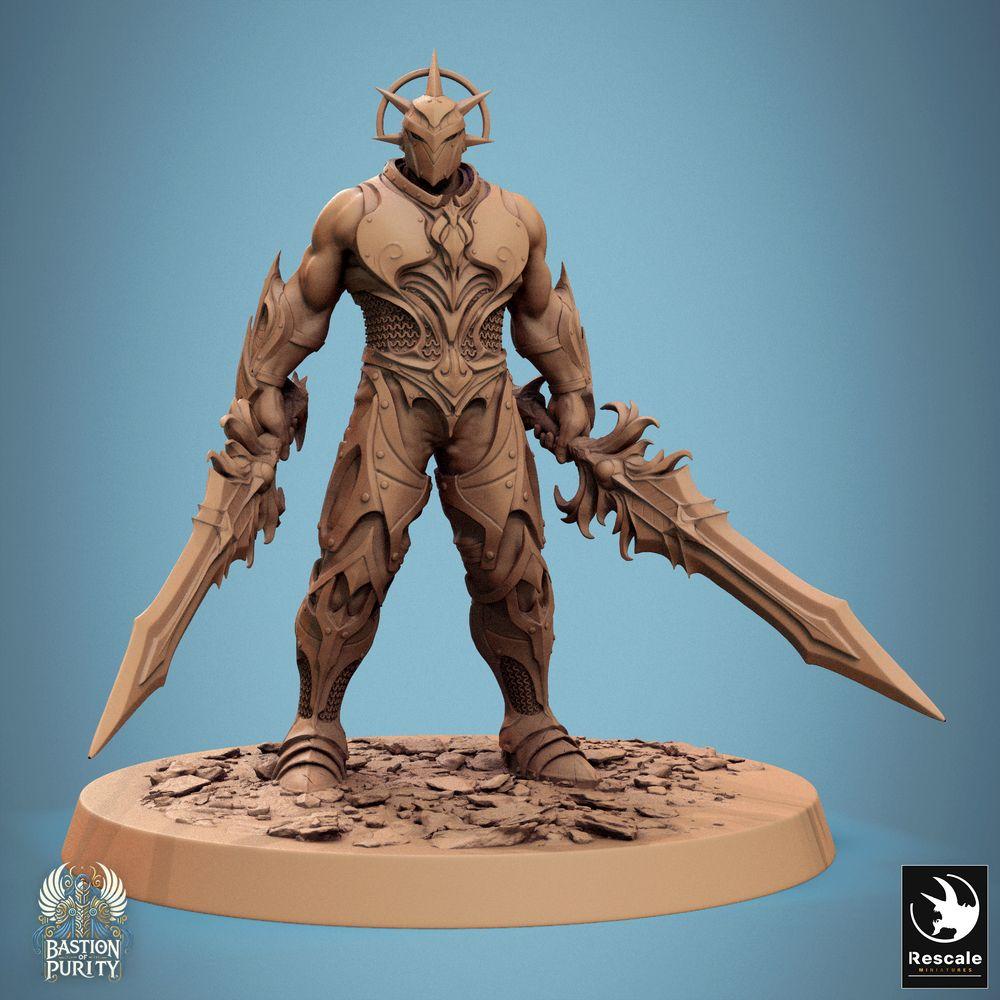 Productfoto Tabletop 28mm Lord of the Print (LotP) 0: Tabletop miniatuur: Sentinel of Aetherium - Demon Knight en Blade Master, twee-zwaarden vechter, heldenfiguur, eenheid kampioen (24_09_D3)