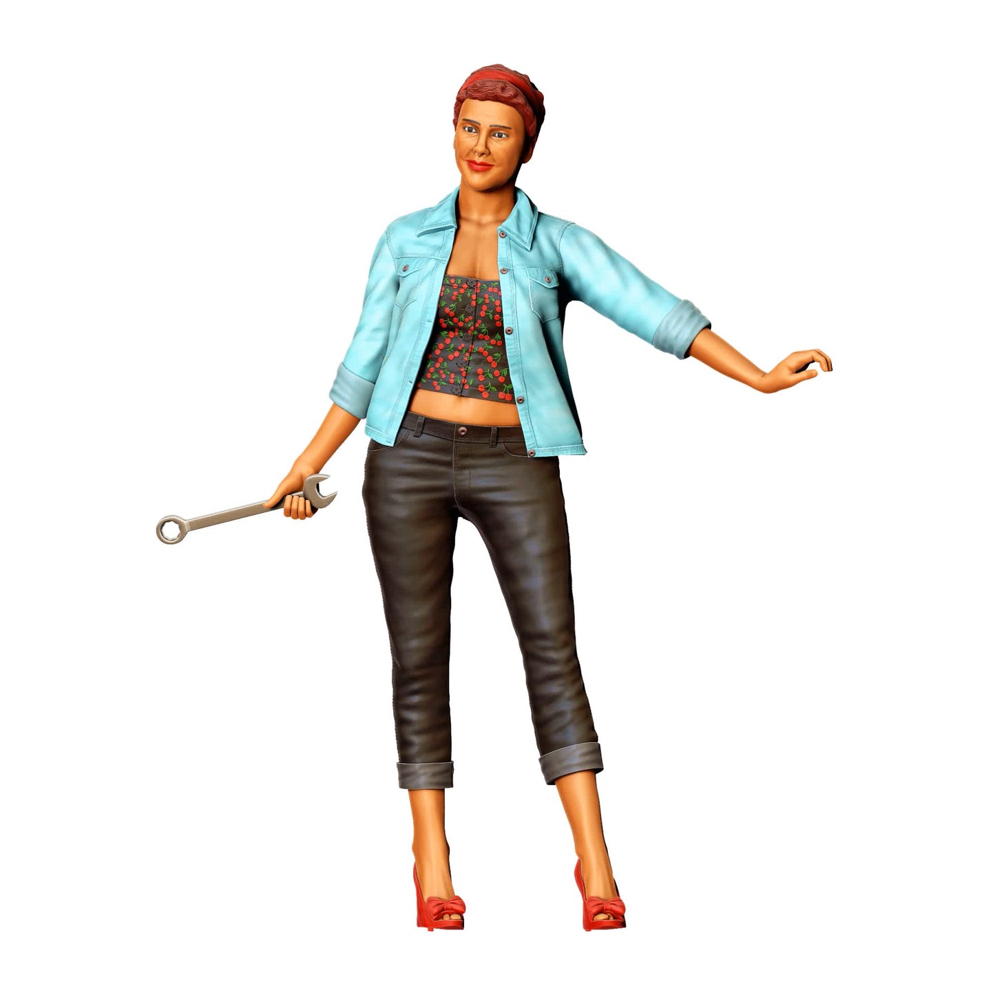 3DP Miniatures 0: Stehende Figur: Frau mit offenem Hemd & Schraubenschlüssel (Ref. Nr. 468)