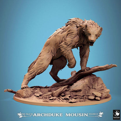 Productfoto Tabletop 28mm Lord of the Print (LotP) 0: Tabletop Miniatuur: Schreckensbär / Werbär / Bärenunhold - Waldbestie, monster-miniatuur met lange klauwen en scherpe tanden, roofdierachtig gedoken op omgevallen boomstam (25_07_A1)