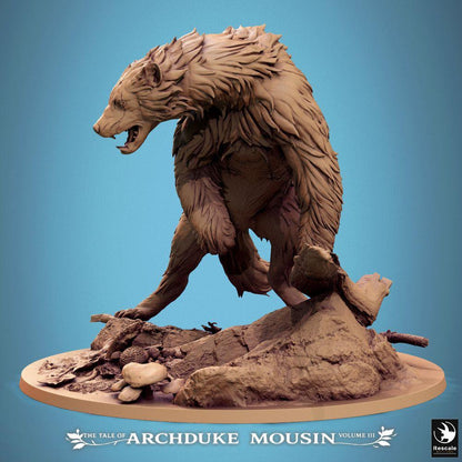 Productfoto Tabletop 28mm Lord of the Print (LotP) 2: Tabletop Miniatuur: Schreckensbär / Werbär / Bärenunhold - Waldbestie, monster-miniatuur met lange klauwen en scherpe tanden, roofdierachtig gedoken op omgevallen boomstam (25_07_A1)