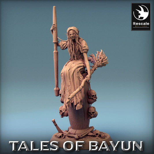 Produktfoto Tabletop 28mm Lord of the Print (LotP) 0: Tabletop Miniatur: Hexe Baba Yaga Baba Jaga, Nekromantin und Totenbeschwörerin auf Mörser mit Stößel und Besen (24_01_N)